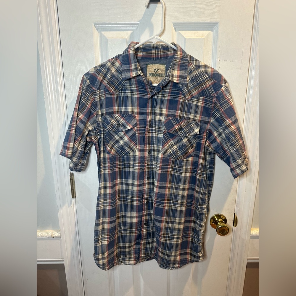 Outdoor Life Men’s Plaid‎ Short Sleeve Button Up Shirt Western Small Blue Red